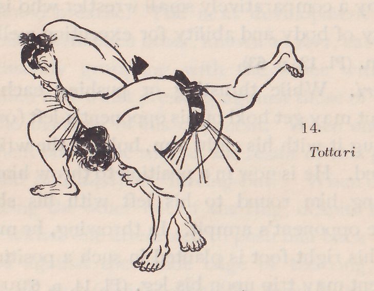 Line drawing of two wrestlers, each in a dark belt with an apron of hanging strands. The two men tangle at the center. One bends forward at the upper left with a topknot at the top left. The other is tipped over, his dark-haired head low at the center and his hips and belt above it, one leg kicking up to the upper right; bare feet show at the lower left and the bottom. Printed beside the drawing: 14. Tottari