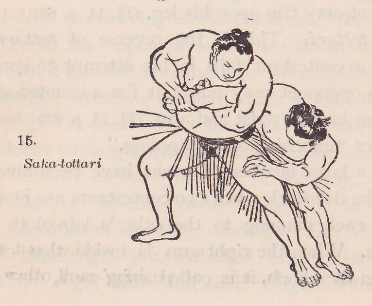 Line drawing of two wrestlers, each in a dark belt with an apron of hanging strands. A large man at the upper left stands bent over with his arms drawn in at the center left. The other man hangs diagonally across the right of the drawing, his dark-haired head at the middle right and his legs at the lower right, while the first man's legs are planted wide apart at the lower left. Printed beside the drawing: 15. Saka-tottari