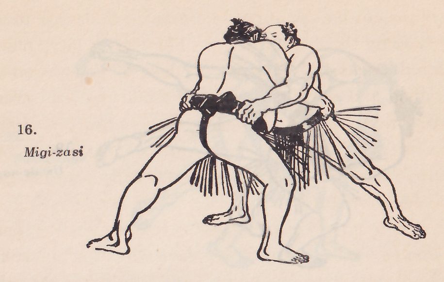 Line drawing of two wrestlers, each in a dark belt with an apron of hanging strands. The two men stand pressed together with their heads side by side at the top and their feet far apart, hands gripping a belt at the center of the drawing. Printed beside the drawing: 16. Migi-zasi