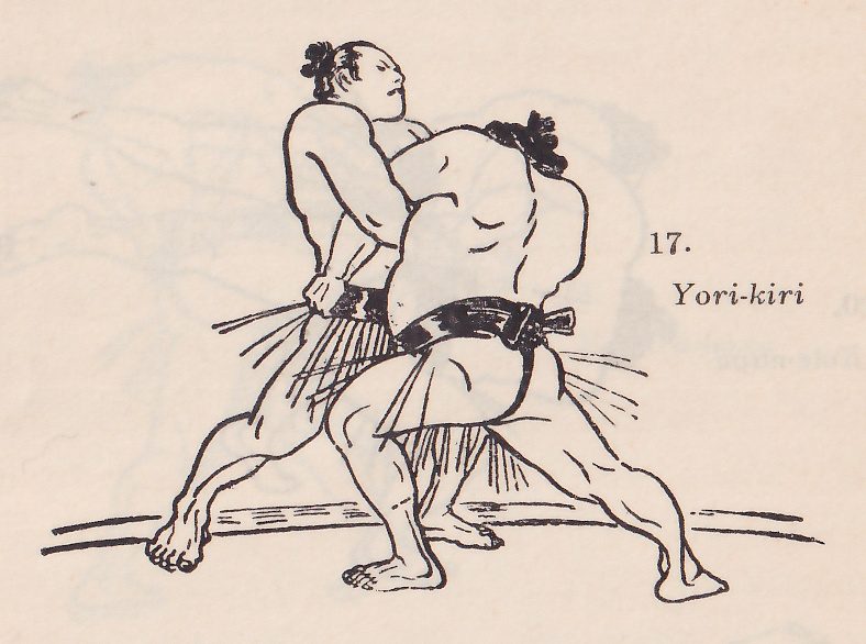 Line drawing of two wrestlers, each in a dark belt with an apron of hanging strands. One man stands upright at the upper left with his head turned to the right and one hand at his own hip. The other, bent forward with his back to the viewer and a belt knot showing, is pressed against him and hides his body below the chest. Both have their legs far apart, and a long line of the ground runs across the bottom. Printed beside the drawing: 17. Yori-kiri