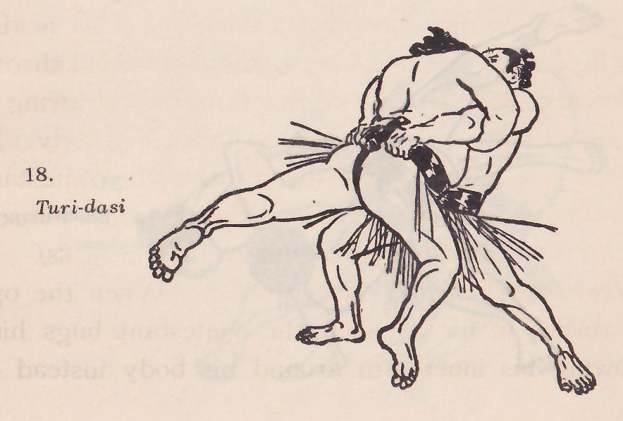 Line drawing of two wrestlers, each in a dark belt with an apron of hanging strands. The two men press together with their upper bodies at the upper right and a hand at the belt at the center left. One leg is stretched far out to the left with the foot lifted, and two other legs are planted apart below. Printed beside the drawing: 18. Turi-dasi