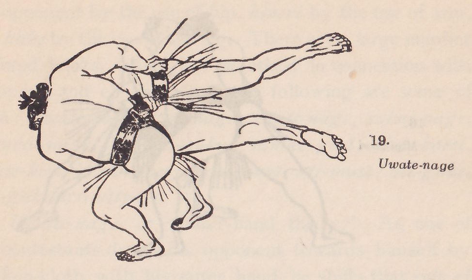Line drawing of two wrestlers, each in a dark belt with an apron of hanging strands. The two men are tangled together. The upper one is turned on his side with two legs stretched out horizontally to the right, feet pointed, and a topknot shows at the far left. The other is crouched below with his knees bent and his feet on the ground at the bottom center. Printed beside the drawing: 19. Uwate-nage