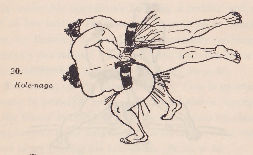 Line drawing of two wrestlers, each in a dark belt with an apron of hanging strands. The two men are tangled together, with two legs stretched out horizontally to the right at the top and a dark-haired head at the lower left. The belts show at the center, and a crouching pair of legs with the feet on the ground is at the bottom. Printed beside the drawing: 20. Kote-nage