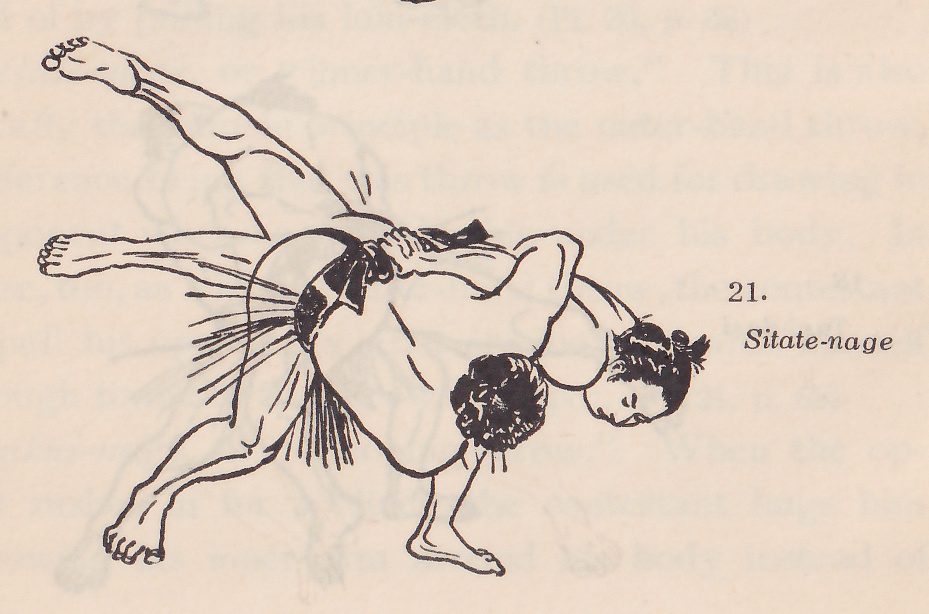 Line drawing of two wrestlers, each in a dark belt with an apron of hanging strands. The two men are tangled in a tumble. Two legs stretch out to the upper left with the feet lifted, a head with a topknot and a face turned down is at the right, and the dark-haired head of the other man is at the center. Feet are on the ground at the bottom. Printed beside the drawing: 21. Sitate-nage