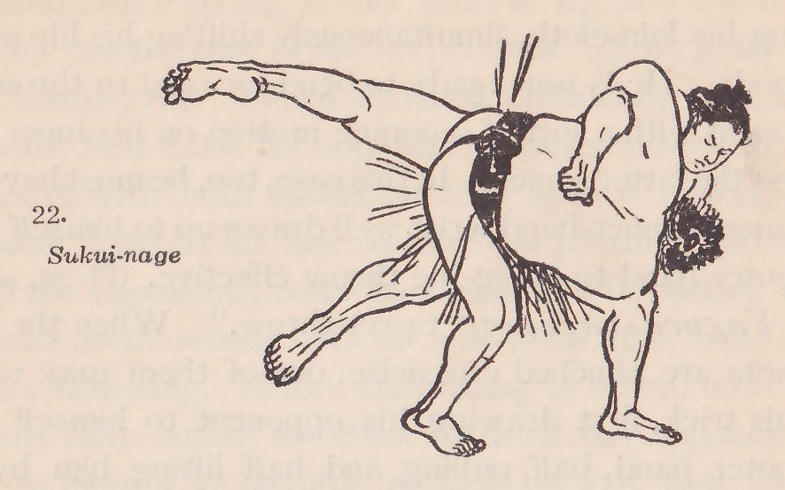 Line drawing of two wrestlers, each in a dark belt with an apron of hanging strands. One man stands at the right with his head bowed and an arm bent in front of him. A second man's body curves across the center with his belt and hips at the middle, one leg stretched out to the left with the foot lifted and his dark-haired head low at the right of center. Printed beside the drawing: 22. Sukui-nage