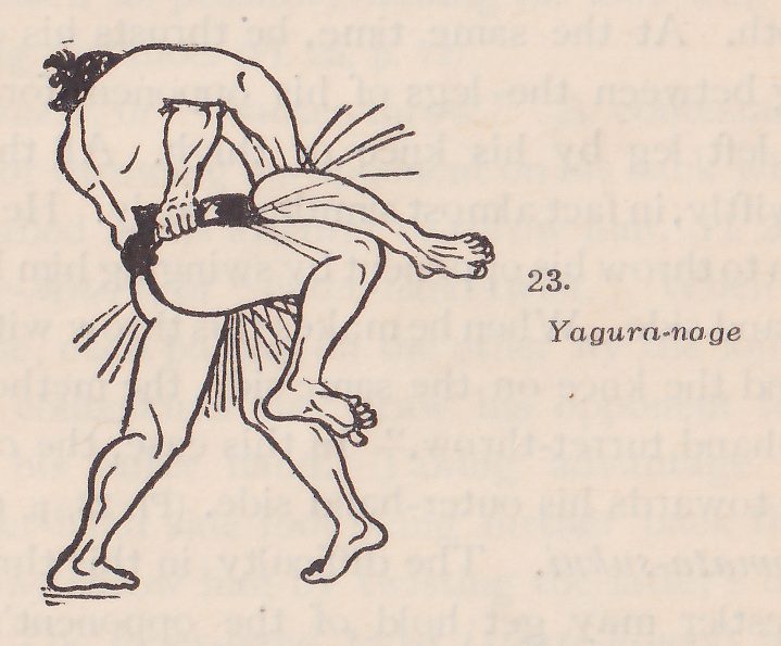Line drawing of two wrestlers, each in a dark belt with an apron of hanging strands. One man is bent far forward with a topknot at the upper left and a hand gripping a belt at the left of the drawing. The other man's body curves across the center with a leg bent up at the right, and legs are spread below, with the hanging strands of the apron flying out at the upper right. Printed beside the drawing: 23. Yagura-nage