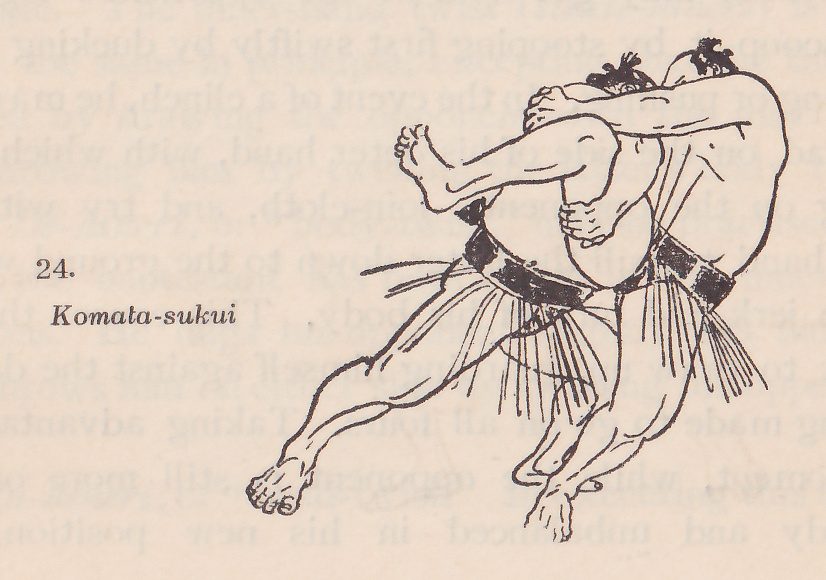 Line drawing of two wrestlers, each in a dark belt with an apron of hanging strands. The two men are locked together with their heads side by side at the top. One man's leg is bent up at the left with the foot lifted, another leg stretches out to the lower left, and two legs are planted apart at the lower right. Printed beside the drawing: 24. Komata-sukui