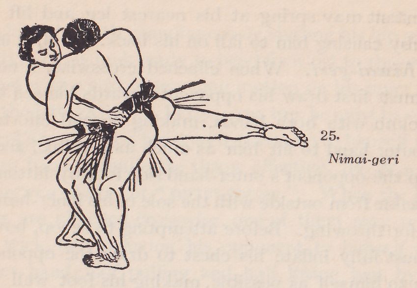 Line drawing of two wrestlers, each in a dark belt with an apron of hanging strands. The two men are pressed together at the left, their heads at the upper left, one with his face turned down and a hand at the other's belt at the center. One leg stretches out horizontally to the right with the foot pointed, and two legs stand close together at the bottom. Printed beside the drawing: 25. Nimai-geri