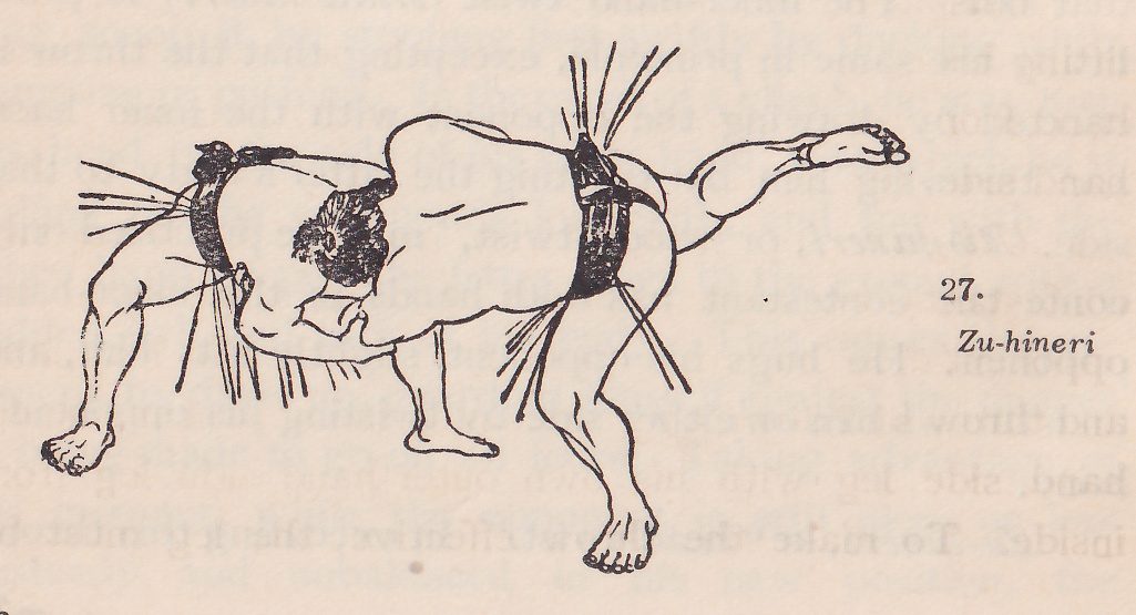 Line drawing of two wrestlers, each in a dark belt with an apron of hanging strands. One man is bent over with his dark-haired head at the center and an arm stretched out to the lower left. A leg of the other stretches out to the upper right with the foot lifted, and legs are planted at the bottom center. Printed beside the drawing: 27. Zu-hineri