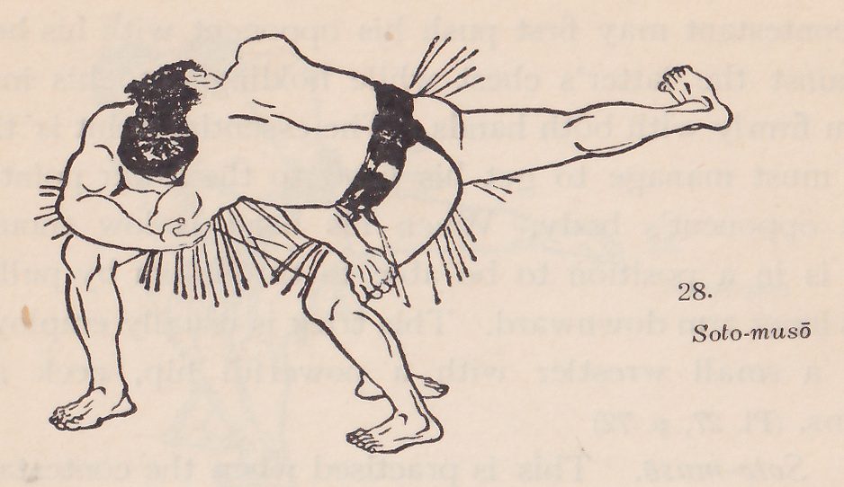 Line drawing of two wrestlers, each in a dark belt with an apron of hanging strands. The two men are tangled at the center. A dark-haired head shows at the upper left and a dark belt at the upper center, and one leg stretches out horizontally to the right with the foot lifted. The other legs are planted apart at the bottom. Printed beside the drawing: 28. Soto-musō