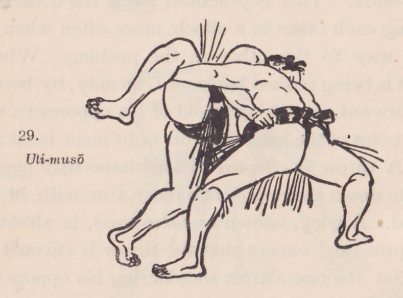 Line drawing of two wrestlers, each in a dark belt with an apron of hanging strands. The two men are bent together over the center. One leg stretches out to the left at the upper left with the foot lifted, a hand grips a belt at the center left, and legs are planted at the lower left and lower right, with the hanging strands of the apron flying out at the top. Printed beside the drawing: 29. Uti-musō