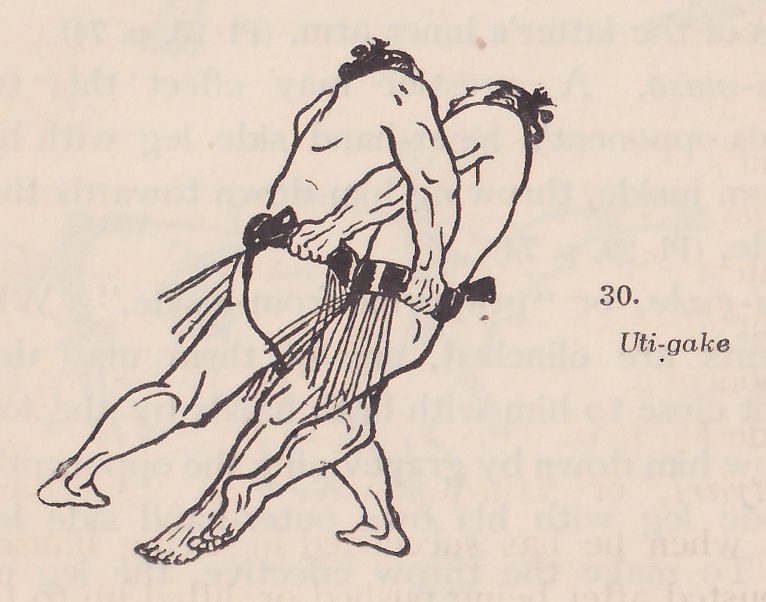 Line drawing of two wrestlers, each in a dark belt with an apron of hanging strands. The two men stand close together, leaning diagonally from the upper right toward the lower left. A hand at the center grips a belt, and long legs reach down to the bottom, the feet at the lower left and the bottom center. Printed beside the drawing: 30. Uti-gake