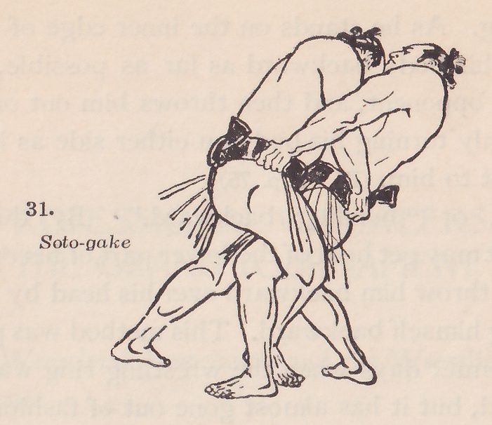 Line drawing of two wrestlers, each in a dark belt with an apron of hanging strands. The two men lean toward each other. The man at the left is bent forward with a topknot at the top and both hands gripping a belt at the center. The other man, his face turned up, stands with his legs bent and spread at the lower right. Printed beside the drawing: 31. Soto-gake