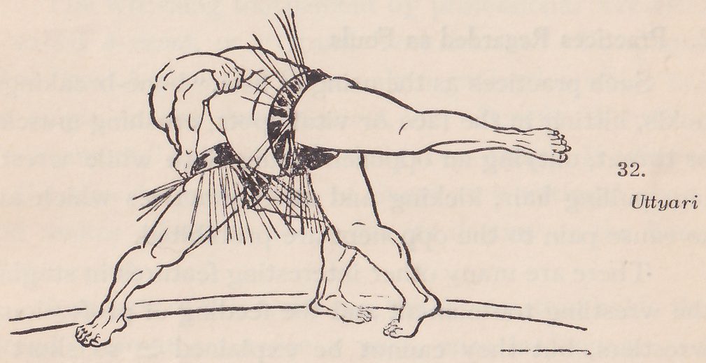 Line drawing of two wrestlers, each in a dark belt with an apron of hanging strands. The two men are at the center. The upper one is bent forward with an arm and hand at a belt at the center, and one leg stretches out straight to the right with the foot pointed. Other legs are spread at the lower left and center, and a curved line of the ground runs across the bottom. Printed beside the drawing: 32. Uttyari