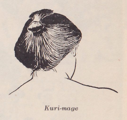 Pen drawing of the back of a head and the tops of the shoulders, with the hair combed smooth in streaks toward the crown into a rounded mass and a small knot at the top left, a small pale oval piece at its base. One ear shows faintly at the right. Printed beneath the drawing: Kuri-mage.