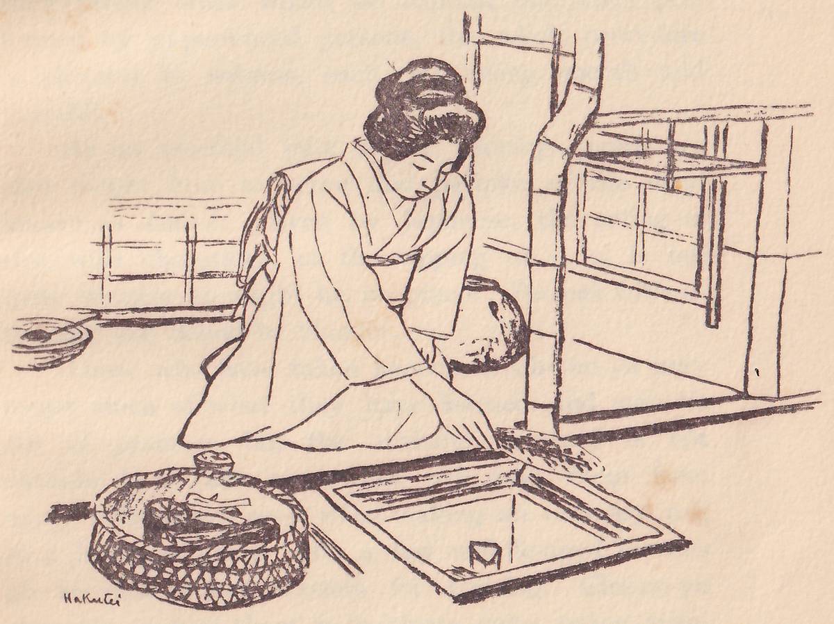 Black line drawing of a woman with her hair in a bun, in a plain kimono, kneeling at the center and bending forward to the right with one hand holding a small brush over a square sunken hearth at the lower right. At the lower left a round woven basket holds dark pieces of charcoal; behind her are a round pot, a post and a lattice window, and at the far left edge a small round dish with a spoon in it. The artist's signature, Hakutei, is at the lower left.