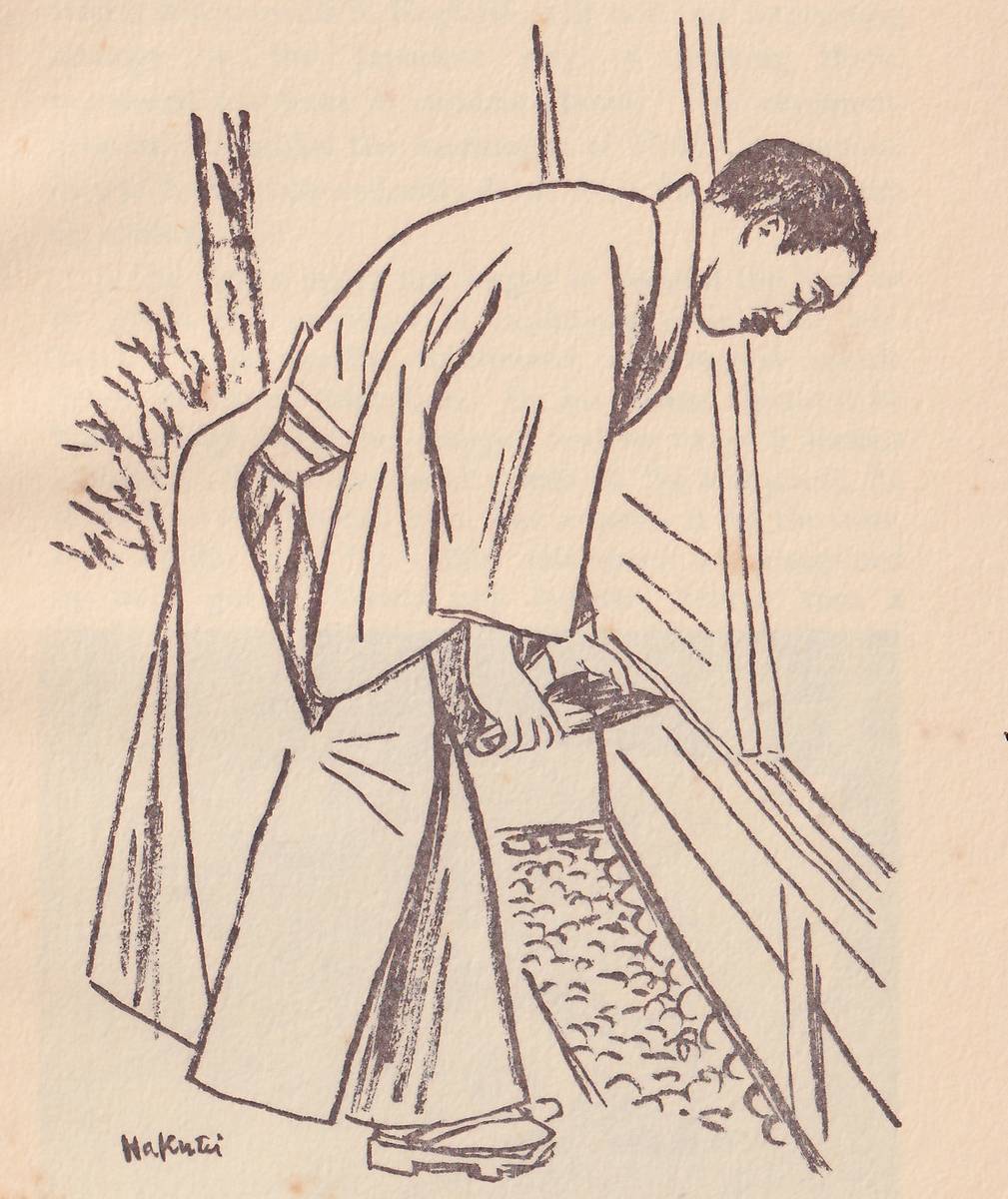 Black line drawing of a man in a kimono and wooden sandals bending deeply forward at the waist, seen in profile facing right, one hand at the edge of a slid-open lattice door at the right; below him a path of small pebbles, and at the left a tree trunk and a bare shrub. The artist's signature, Hakutei, is at the lower left.