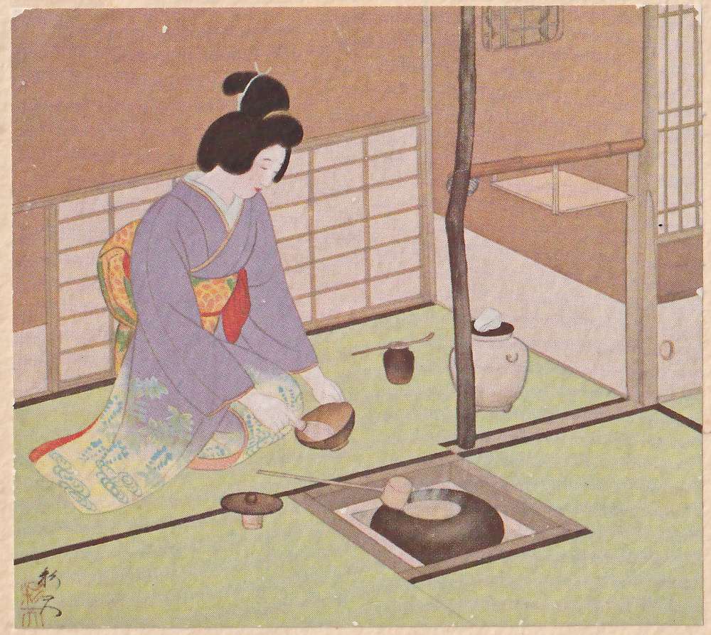 Colored painting of a young woman in a pale purple kimono with a yellow and red sash and a pale hem patterned in blue, kneeling on a green mat in a room of paper panels, facing right with her head bowed as she holds a brown bowl over a square sunken hearth; in the hearth a round dark iron pot with a long thin handle resting across it. Beside the hearth a small round lid stands on a short stand; beyond the hearth stand a thin bare post, a small brown pot with a thin stick across it, and a pale round jar with something white on top. Painter's signature and seal at lower left.