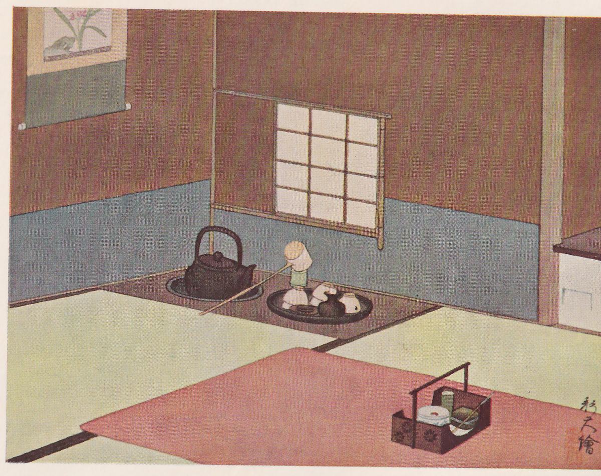 Colored painting of a corner of a mat room with nobody in it: at left a hanging scroll with a leafy plant, at the center a window of paper panes with a bamboo rail; beneath it on a low raised floor a black iron kettle with a looped handle and a round dark tray holding several pale cups and a small dark pot, a long thin handle leaning from the kettle; in the foreground a pink-red mat on which stands a small box with a handle and round containers in it. Painter's signature at right.
