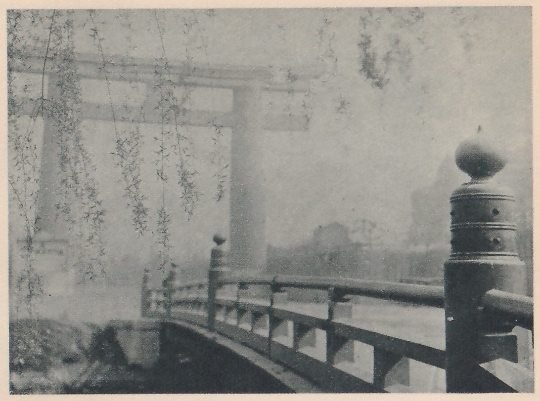 Soft-focus photograph of a large torii gate, pale in the haze, standing behind a wooden bridge with a curved railing and round-topped posts; thin hanging branches cross the upper left.