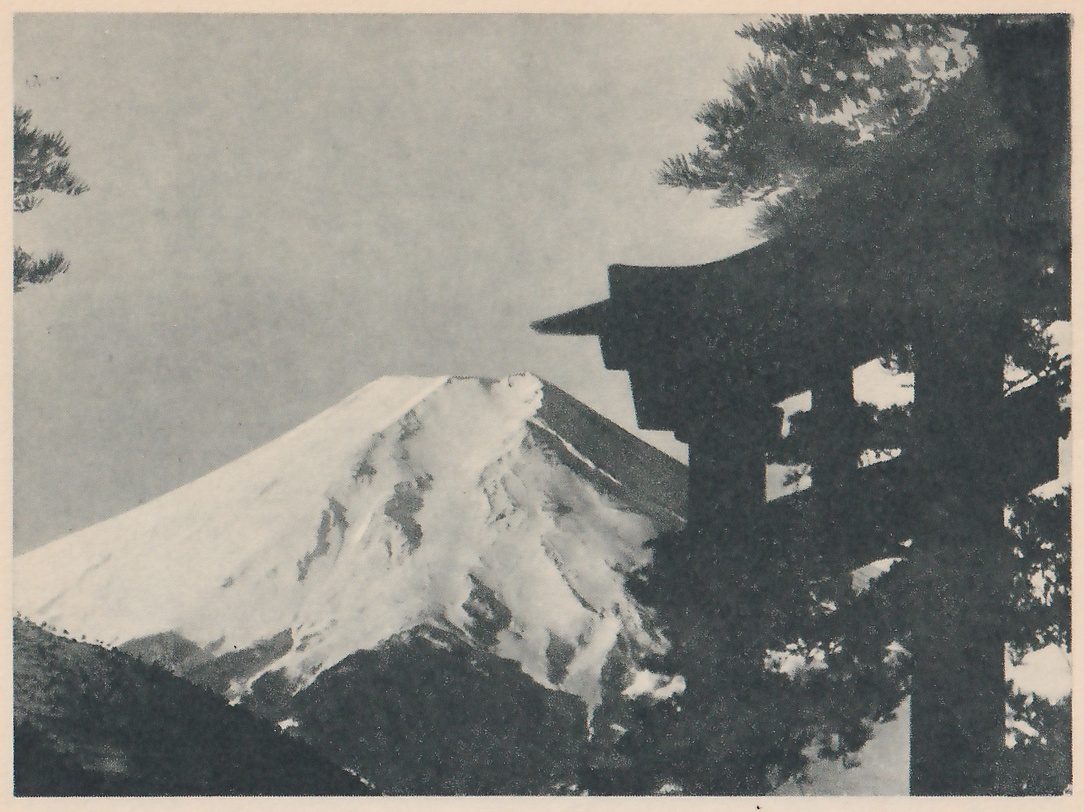 Photograph of a snow-covered mountain peak at the left and a dark torii gate in silhouette at the right, with pine branches across the top and right.