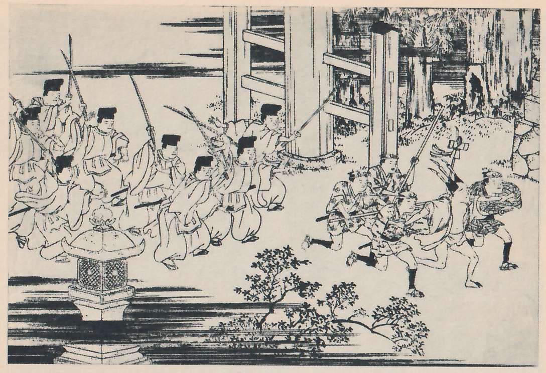 Black-and-white line drawing in a courtyard: at the left a crowd of men in wide pale robes and black caps hold long staves up; at the right several men in short belted tunics run, holding long poles; a stone lantern stands in the foreground, thick wooden gate pillars rise behind, and a low shrub grows at the lower right.