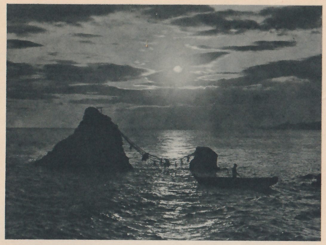 Photograph of two rocks standing in the sea, a large one at the left and a smaller one at the center-right, joined by a rope that hangs between them; a bright round light shows through clouds above and its glitter lies on the water, and a small boat with a person standing in it is at the right.