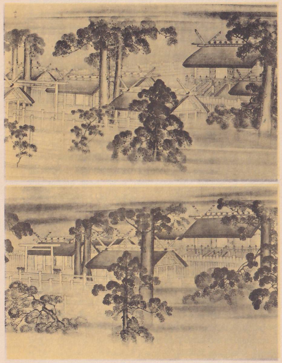 Two pictures one above the other, in ink on a yellow ground, each showing low roofed shrine buildings with crossed beams at the roof ridges behind wooden fences, with tall trunks and rounded evergreen trees in front and mist along the ground.