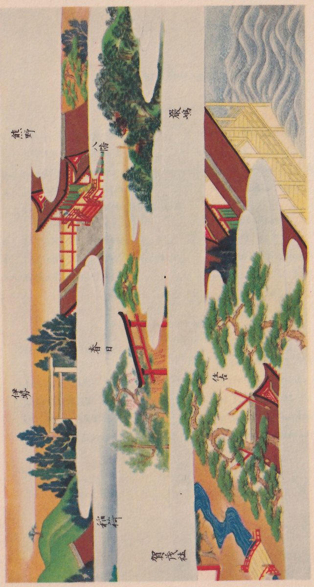 Colored painting, printed turned on its side, of shrine buildings with dark red roofs and red railings among pine and cedar trees, a blue stream at one end and pale cloud shapes between the groups of buildings; each group is labeled in small black Japanese with its shrine’s name: Kumano, Hachiman, Itsukushima, Ise, Kasuga, Inari, Kamo and Sumiyoshi.
