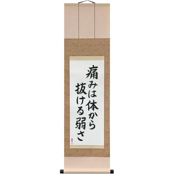 Japanese Scroll of Pain is Weakness Leaving the Body (itami wa karada kara nukeru yowasa) — Calligraphy by Eri Takase