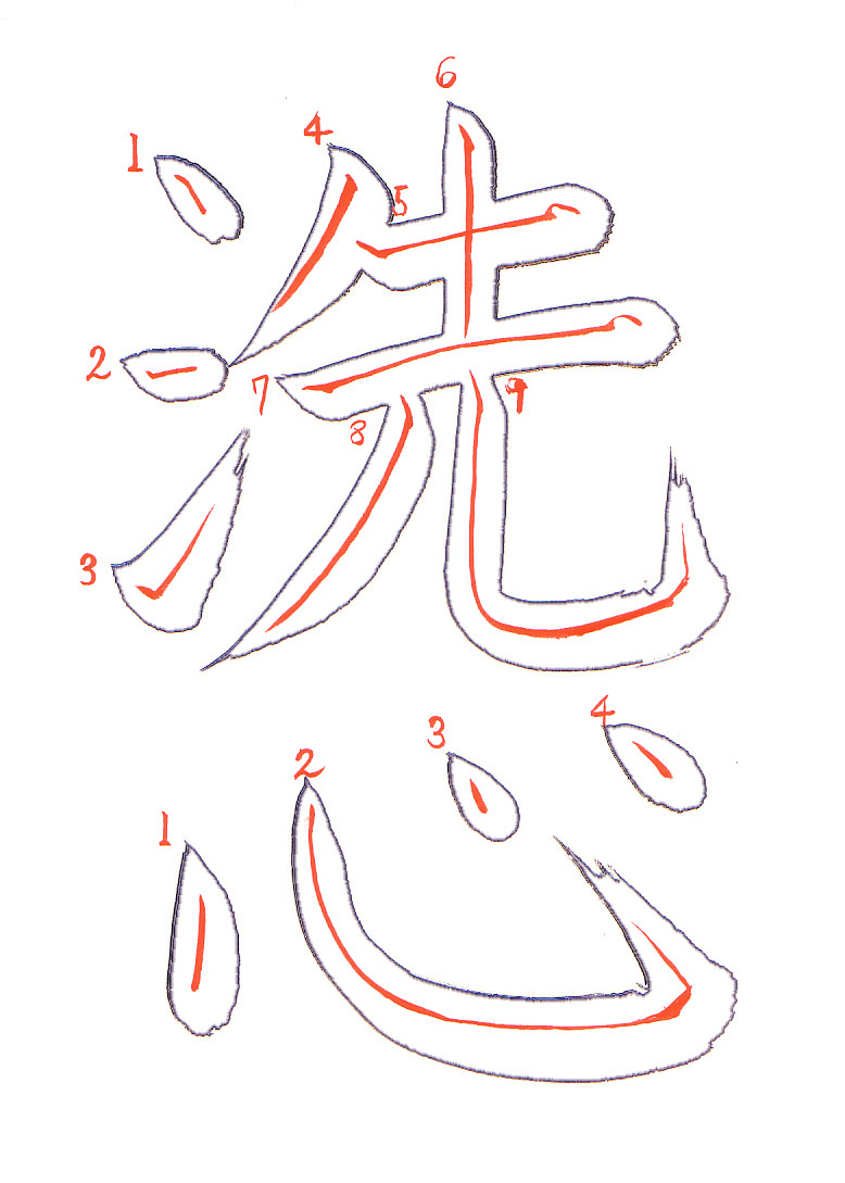 senshin (Clear Mind) 洗心, annotated by Eri Takase: each stroke outlined with its brush path in red and numbered.