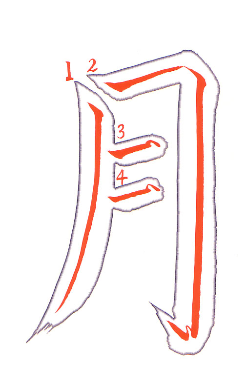 tsuki (Moon) 月, annotated by Eri Takase: each stroke outlined with its brush path in red and numbered.
